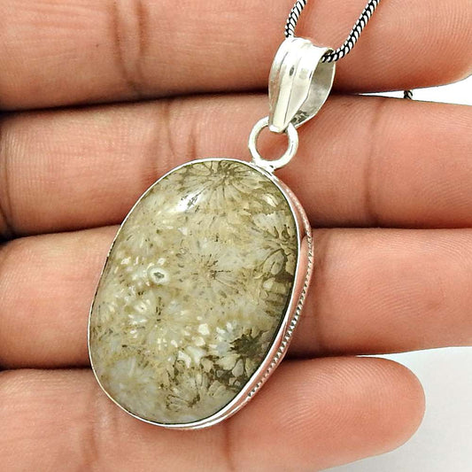 Natural Fossil Coral Gemstone Pendant Ethnic 925 Sterling Silver For Women D3