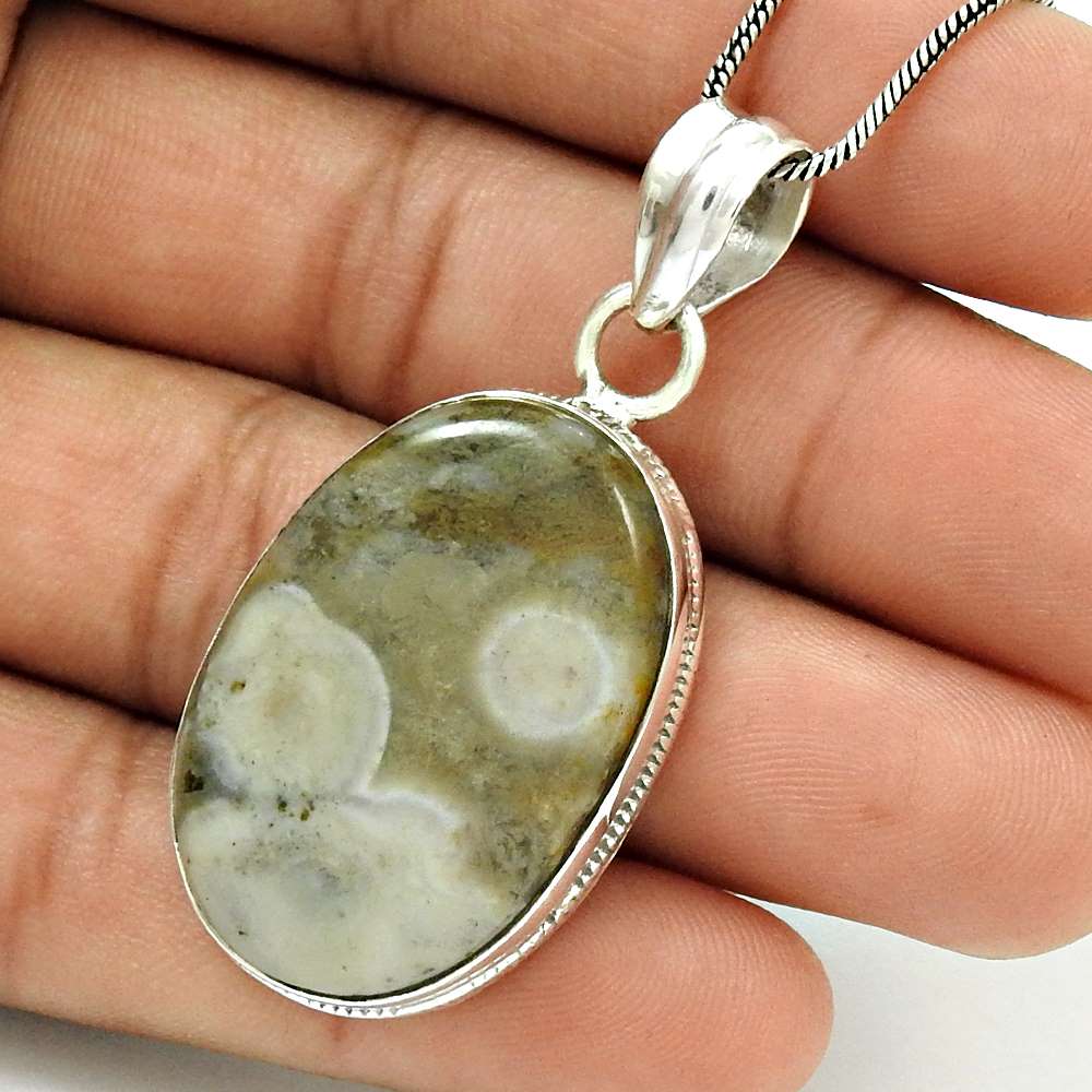 Natural Ocean Jasper Gemstone Pendant Stylish 925 Sterling Silver Jewelry G3