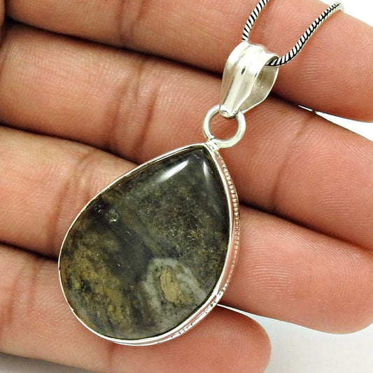 Natural Crinoid Fossil Gemstone Pendant Ethnic 925 Sterling Silver For Girls M3