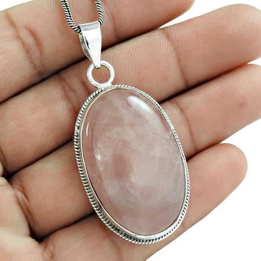 Anniversary Gift For Her Natural Rose Quartz Pendant Boho 925 Silver D13
