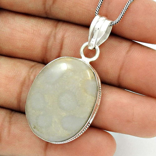 Anniversary Gift For Her Natural Fossil Coral Pendant Boho 925 Silver P3