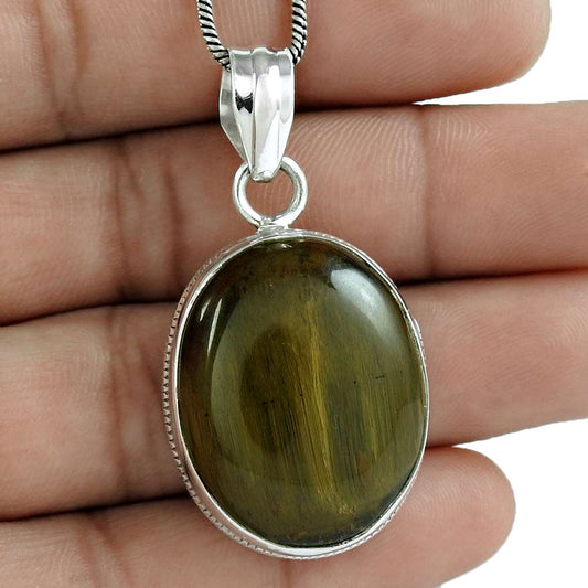 Natural Tiger'S Eye Gemstone Pendant Brown 925 Sterling Silver Indian Jewelry T7