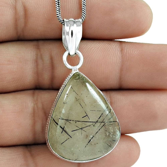 Halloween Gift 925 Sterling Silver Natural Black Rutile Gemstone Pendant U7