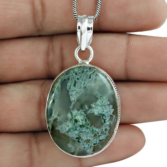 Natural Moss Agate Gemstone 925 Sterling Silver Pendant Ethnic For Girls C49