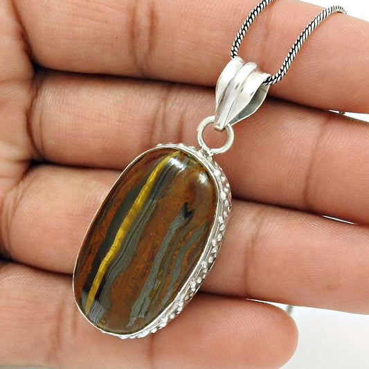 Halloween Gift Natural Tiger'S Eye Gemstone Pendant 925 Sterling Silver Q1
