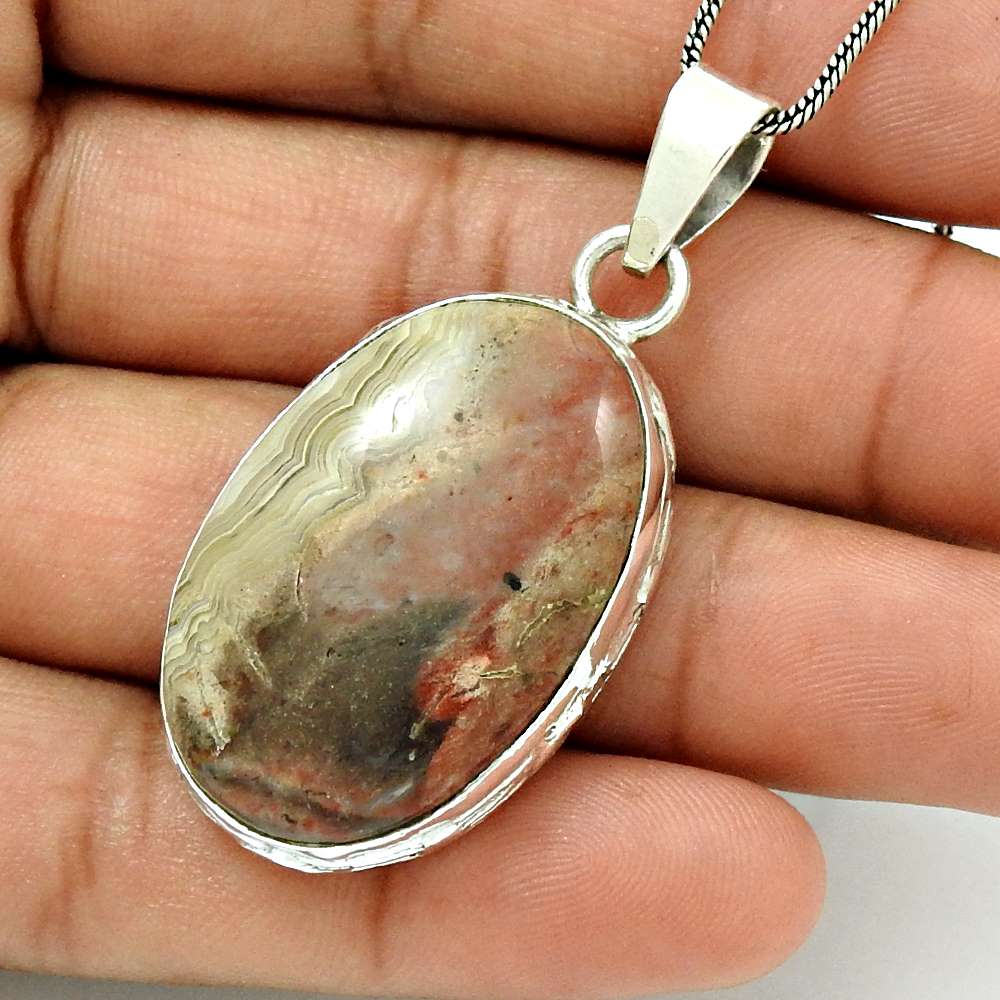 Natural Mexican Fire Agate Gemstone 925 Silver Pendant Boho For Women B4
