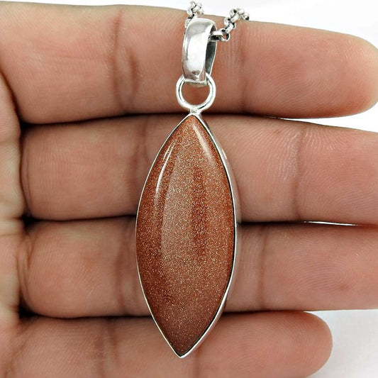Natural Sunstone Gemstone Pendant Bohemian 925 Sterling Silver Jewelry B18