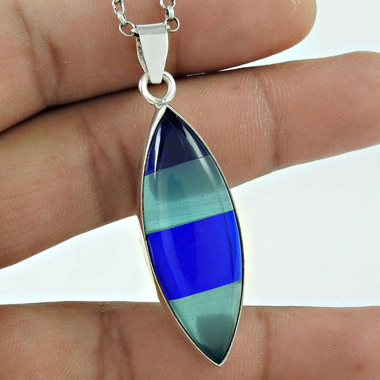 Halloween Gift Natural Man-Made Glass Pendant Tribal 925 Sterling Silver P11