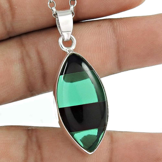 Gift For Her 925 Silver Natural Man-Made Glass Gemstone Pendant Tribal P11