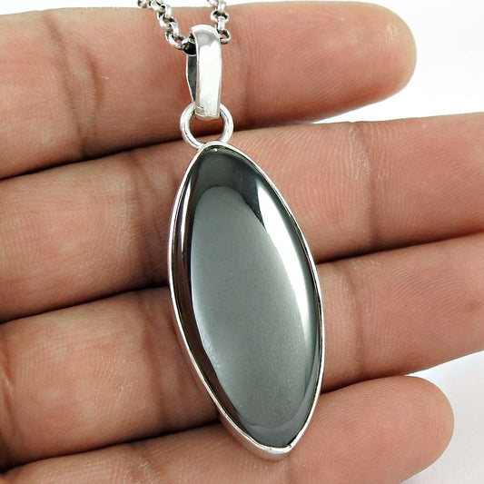 Natural Gun Metal Gemstone Pendant Boho Black 925 Sterling Silver Jewelry T12