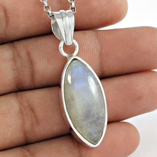 Gift For Women Pendant Ethnic 925 Silver Natural Rainbow Moonstone Gemstone G18