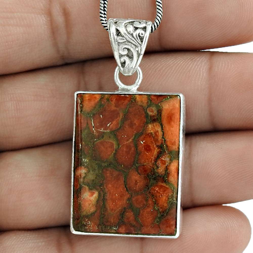Birthday Gift For Her Natural Jasper Gemstone Pendant Vintage 925 Silver M18