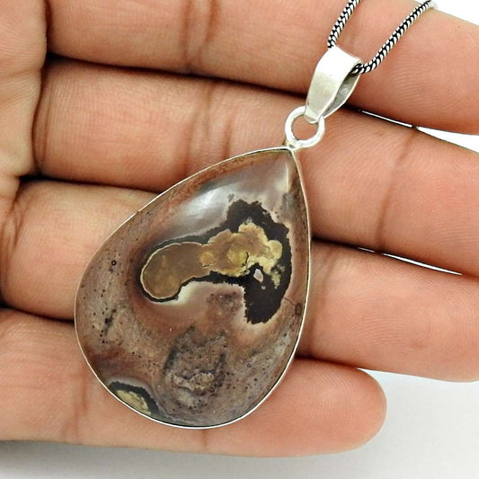 Natural Coffee Bean Jasper Gemstone Pendant Bohemian 925 Silver For Women M4