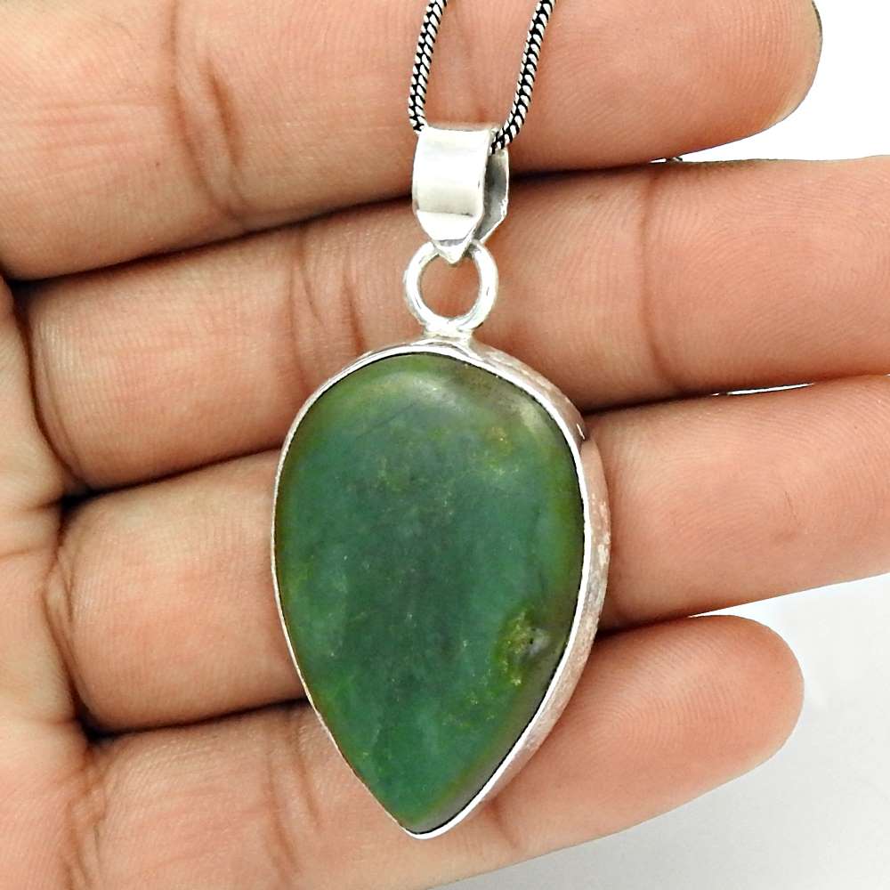 Natural Chrysoprase Gemstone Pendant Vintage Green 925 Sterling Silver H23