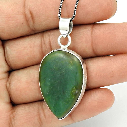 Natural Chrysoprase Gemstone Pendant Vintage Green 925 Sterling Silver H23