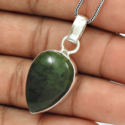 Gift For Her 925 Sterling Silver Natural Green Jasper Gemstone Pendant Tribal C5