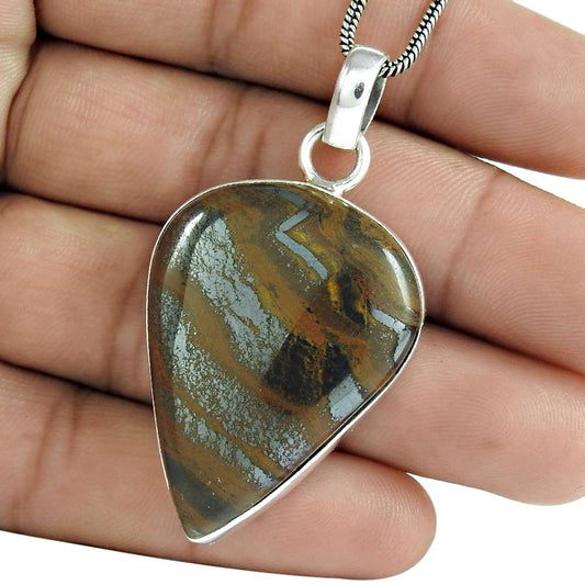 Natural Iron Tiger'S Eye Gemstone Pendant 925 Sterling Silver Jewelry P4