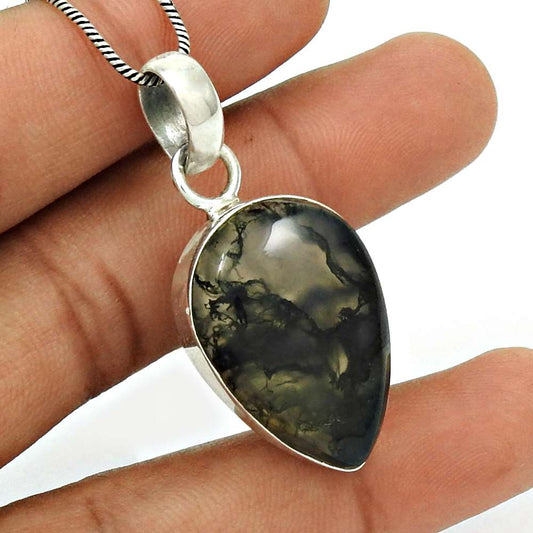 Natural Moss Agate Gemstone Pendant Boho 925 Sterling Silver For Women A8