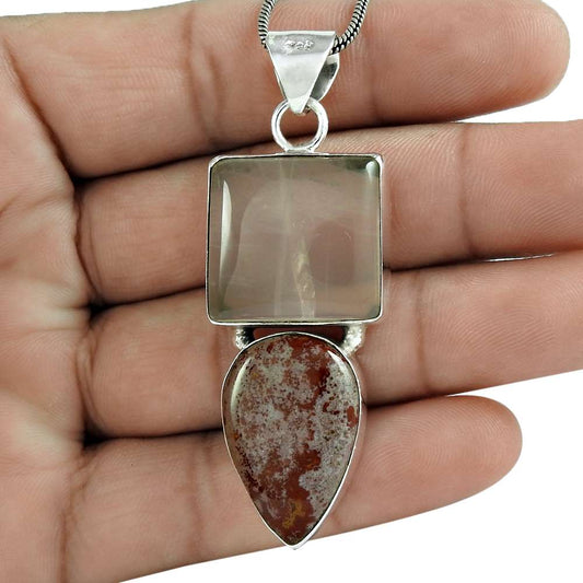 Natural Rose Quartz Gemstone 925 Sterling Silver Pendant Boho For Girls R4