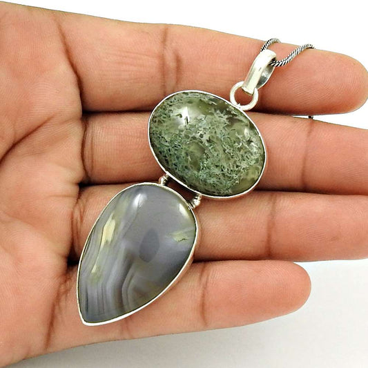 Halloween Gift Natural Striped Onyx Gemstone Pendant 925 Sterling Silver C14
