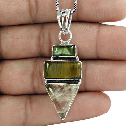Natural Tiger'S Eye Gemstone Pendant 925 Sterling Silver Indian Jewelry C5