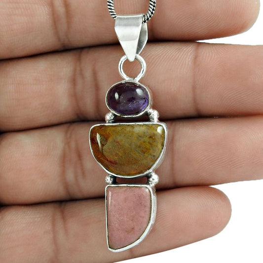 Natural Jasper Gemstone Pendant 925 Sterling Silver Indian Jewelry For Girls D5