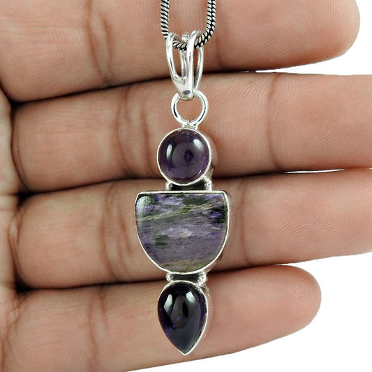 Natural Charoite Gemstone Jewelry 925 Sterling Silver Pendant Boho For Girls B13