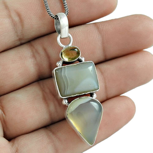 Halloween Gift 925 Silver Natural Striped Onyx Gemstone Pendant H5