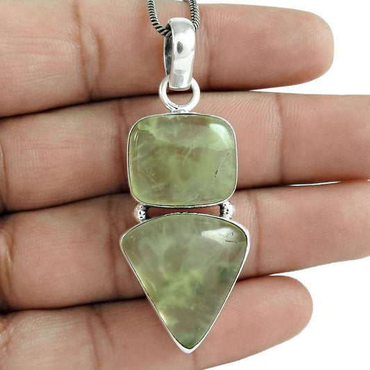 Natural Prehnite Gemstone Pendant Bohemian 925 Sterling Silver For Girls B91