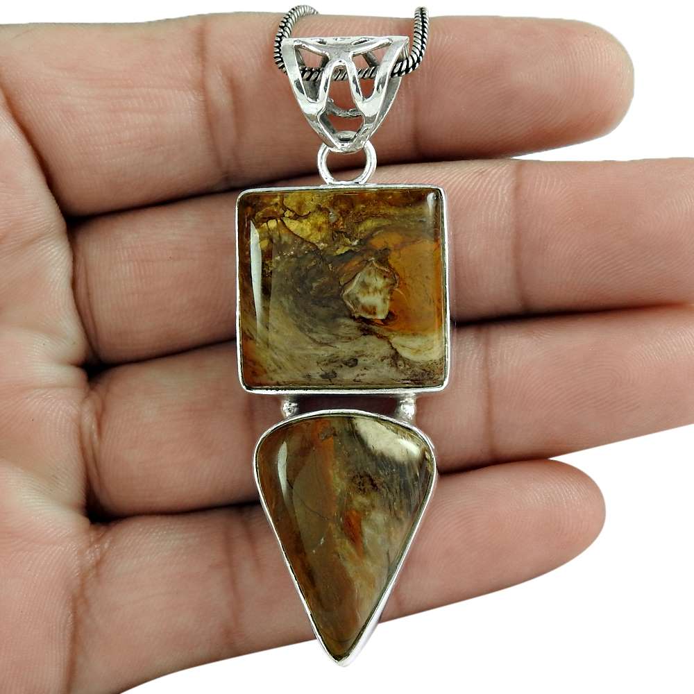 Natural Imperial Jasper Gemstone Pendant Ethnic Brown 925 Sterling Silver P7