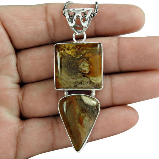 Natural Imperial Jasper Gemstone Pendant Ethnic Brown 925 Sterling Silver P7