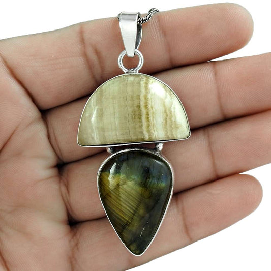 Natural Labradorite Gemstone Pendant Boho 925 Sterling Silver For Women A62