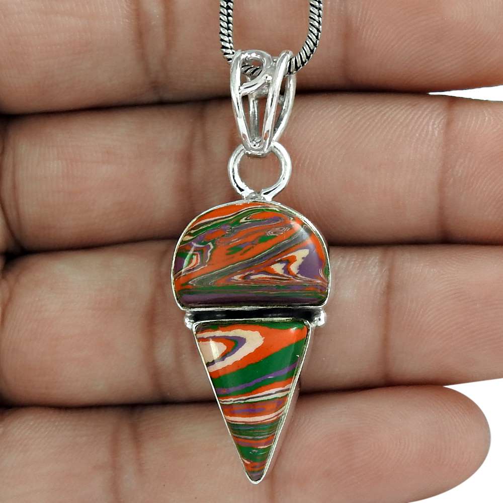 Gift For Women Pendant Ethnic 925 Silver Natural Rainbow Calsilica Gemstone A5