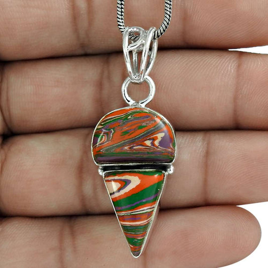 Gift For Women Pendant Ethnic 925 Silver Natural Rainbow Calsilica Gemstone A5