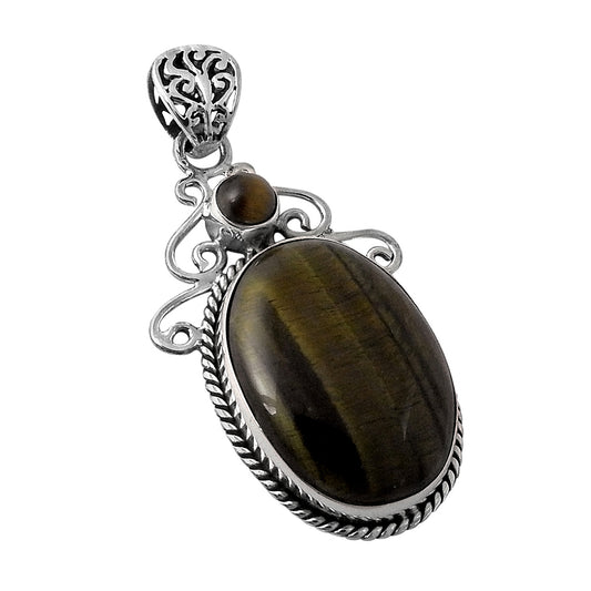 Natural Tiger'S Eye Gemstone 925 Sterling Silver Christmas Gift Pendant H4