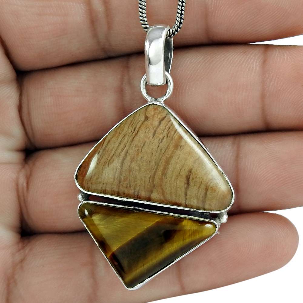 Halloween Gift 925 Sterling Silver Natural Tiger'S Eye Gemstone Pendant Y8