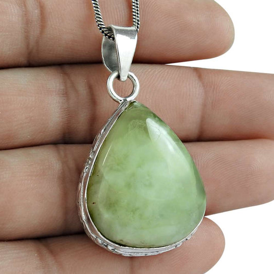 Natural Prehnite Gemstone Pendant Vintage 925 Sterling Silver For Girls H8