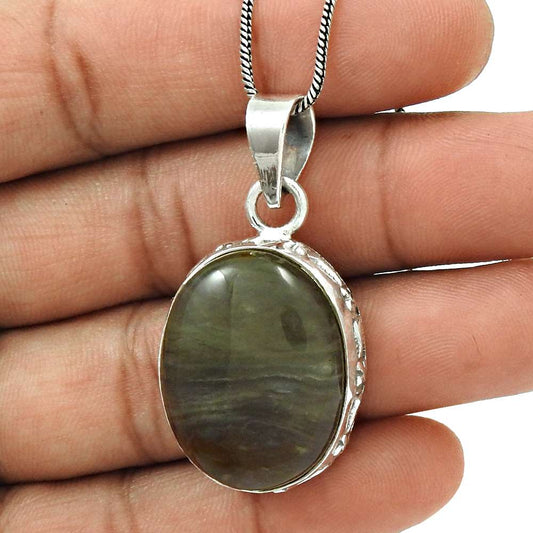 Natural Botswana Agate Gemstone Pendant Vintage Gray 925 Sterling Silver Y5