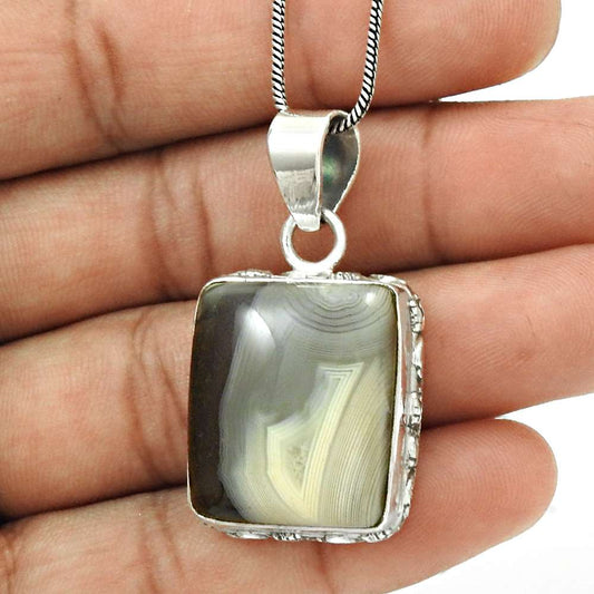 Natural Botswana Agate Gemstone 925 Sterling Silver Pendant Boho For Women A6