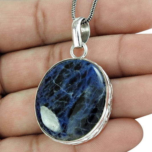 Natural Sodalite Gemstone Pendant Handmade 925 Sterling Silver Indian Jewelry H9