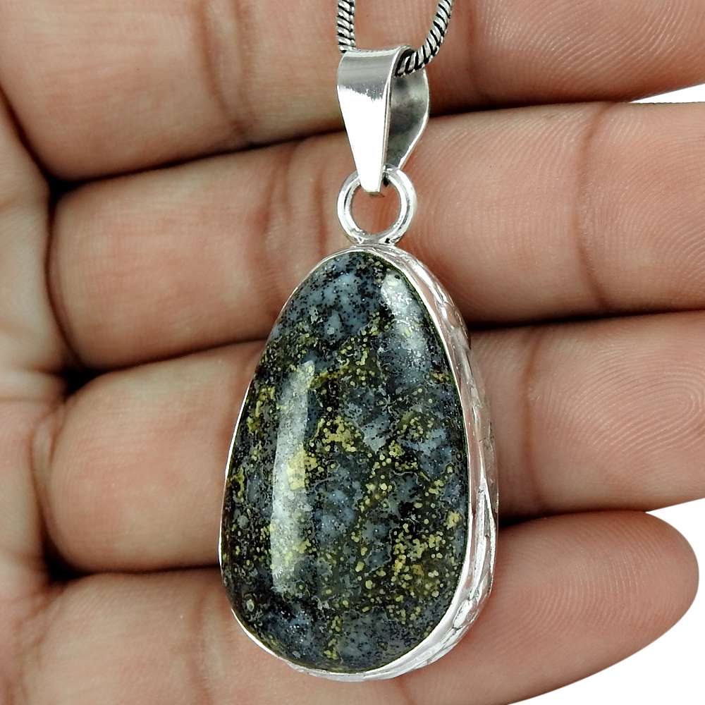 Natural Crinoid Fossil Gemstone Pendant Gray 925 Sterling Silver Jewelry I9