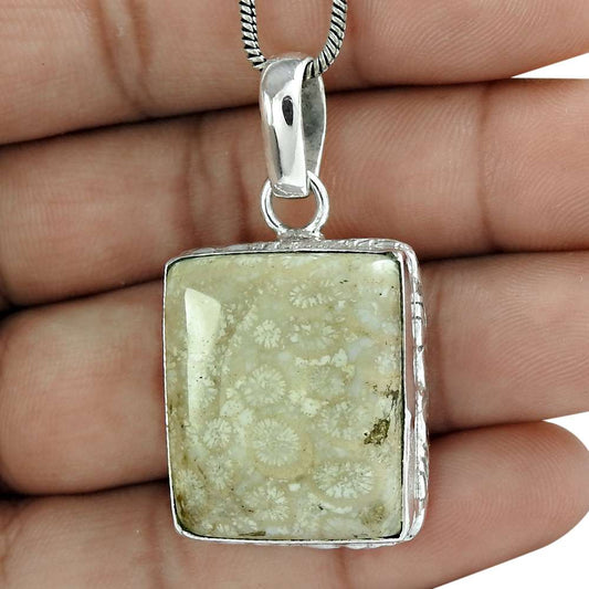 Gift For Women Pendant Boho 925 Silver Natural Fossil Coral Gemstone B61