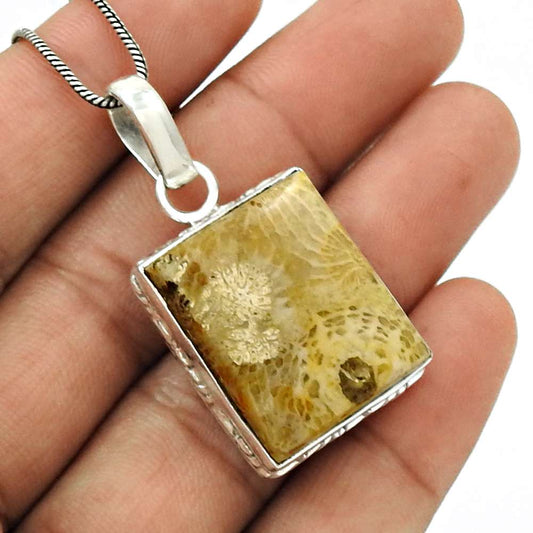 Natural Fossil Coral Gemstone Pendant Vintage 925 Sterling Silver For Girls B7