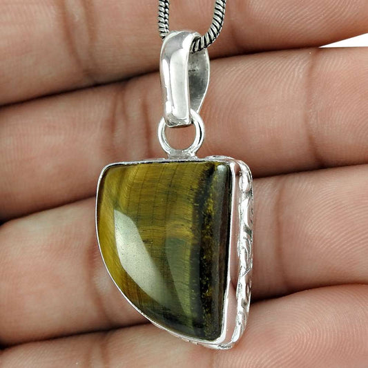 Natural Tiger'S Eye Gemstone Pendant Boho 925 Sterling Silver For Girls R8