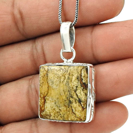 Natural Picture Jasper Gemstone Pendant Bohemian 925 Sterling Silver Jewelry D7