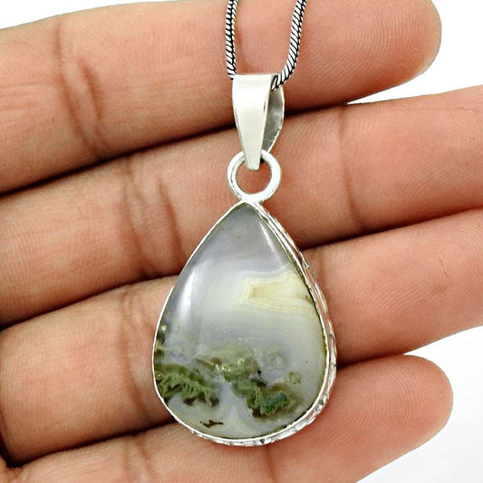 Birthday Gift For Her Natural Scenic Agate Gemstone Pendant Ethnic 925 Silver F7