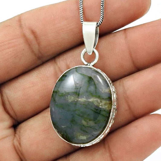 Birthday Gift For Her Natural Scenic Agate Gemstone Pendant Boho 925 Silver I7