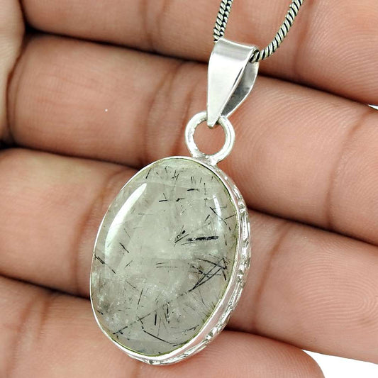 Halloween Gift Pendant 925 Sterling Silver Natural Rutile Gemstone L9