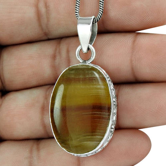 Natural Fluorite Gemstone Pendant Vintage 925 Sterling Silver Indian Jewelry G32