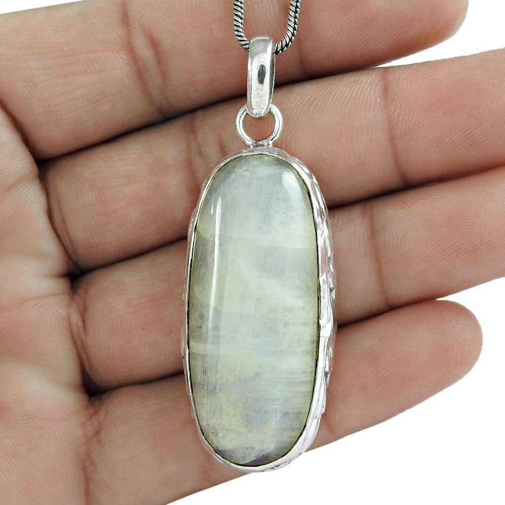 Gift For Her 925 Silver Natural Rainbow Moonstone Gemstone Pendant Bohemian T8